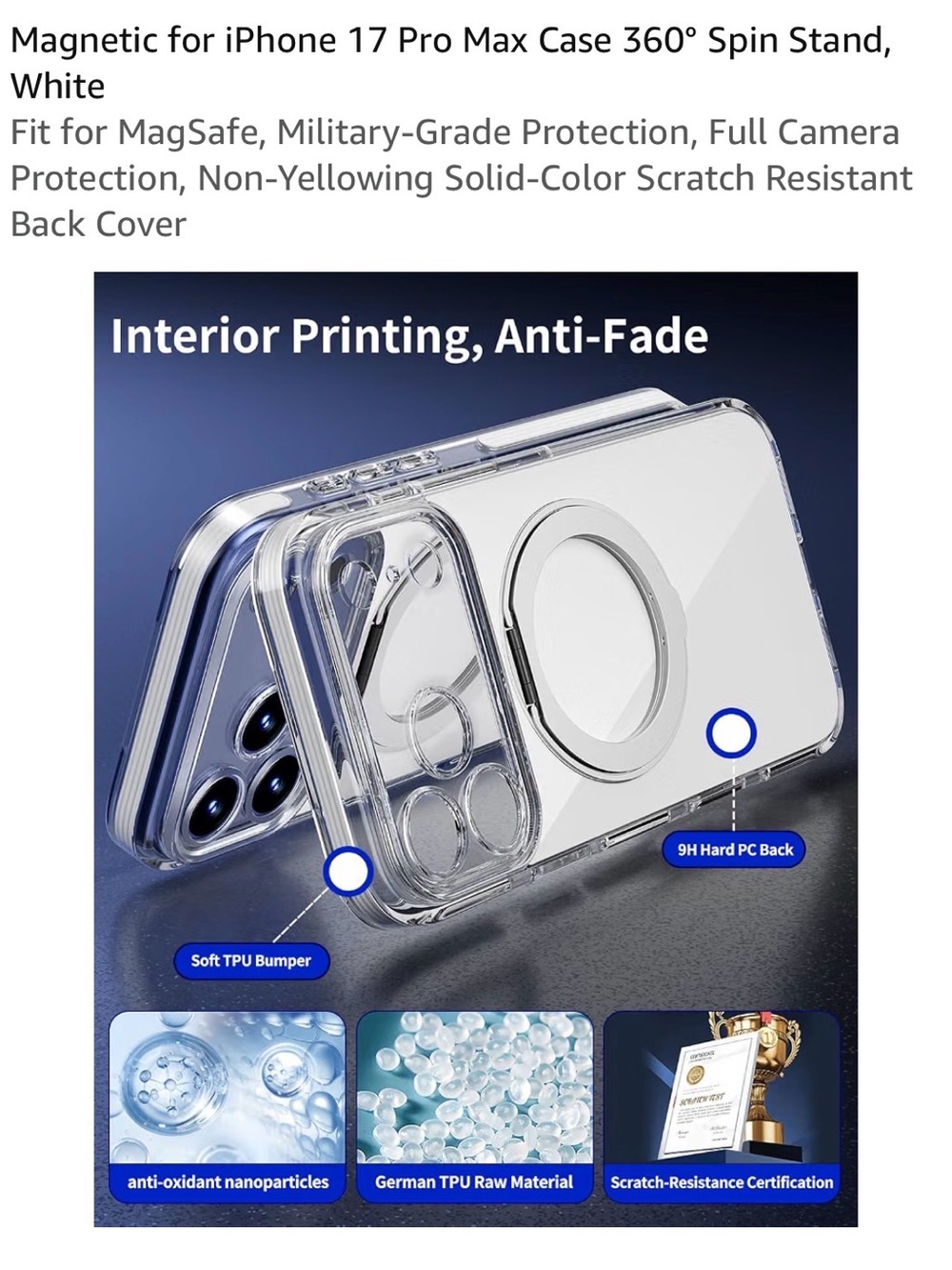 ☎️Clear Magnetic iPhone Case with Ip 17 pro max Detachable 360° Ring Stand-White